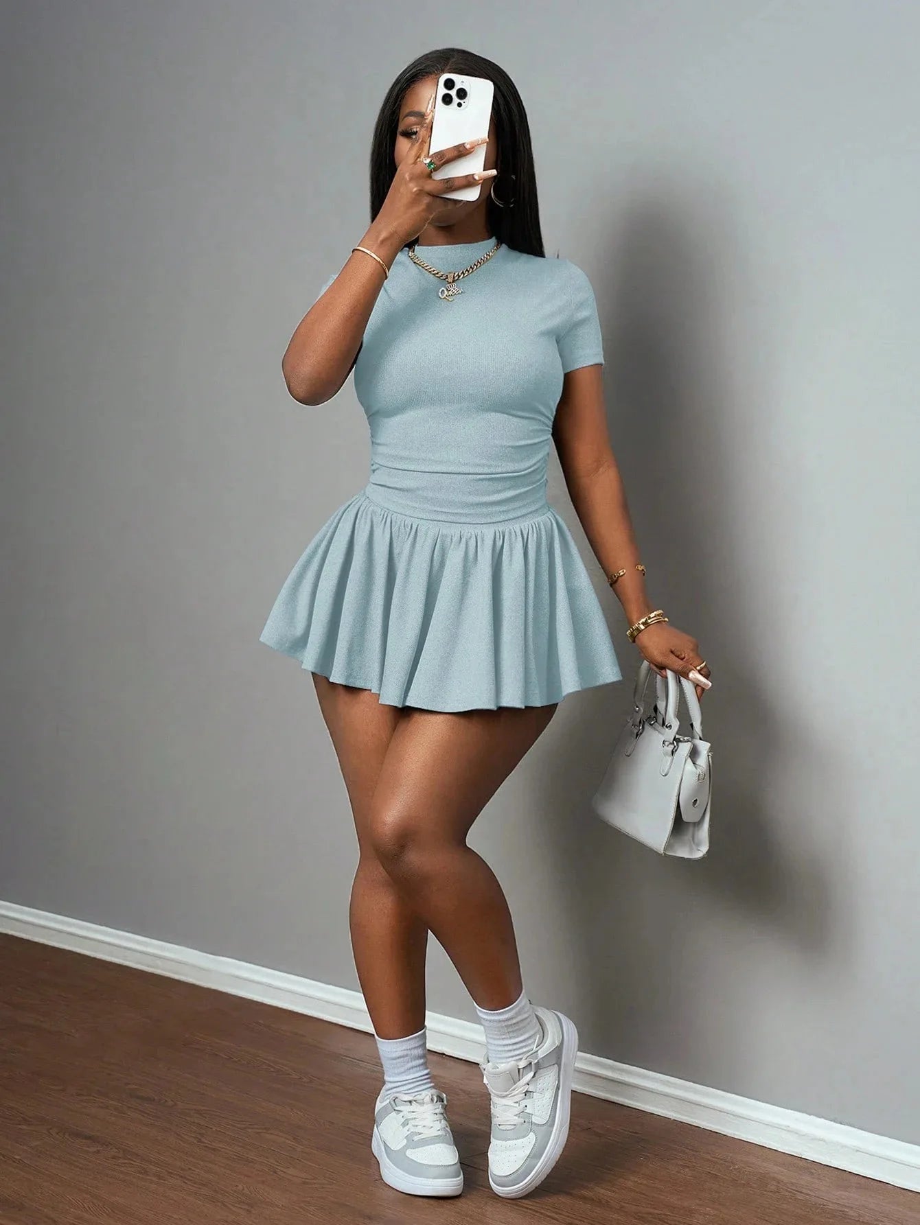Casual Ribbed Two Piece Set with Crop Top and Pleated Skirt for Women