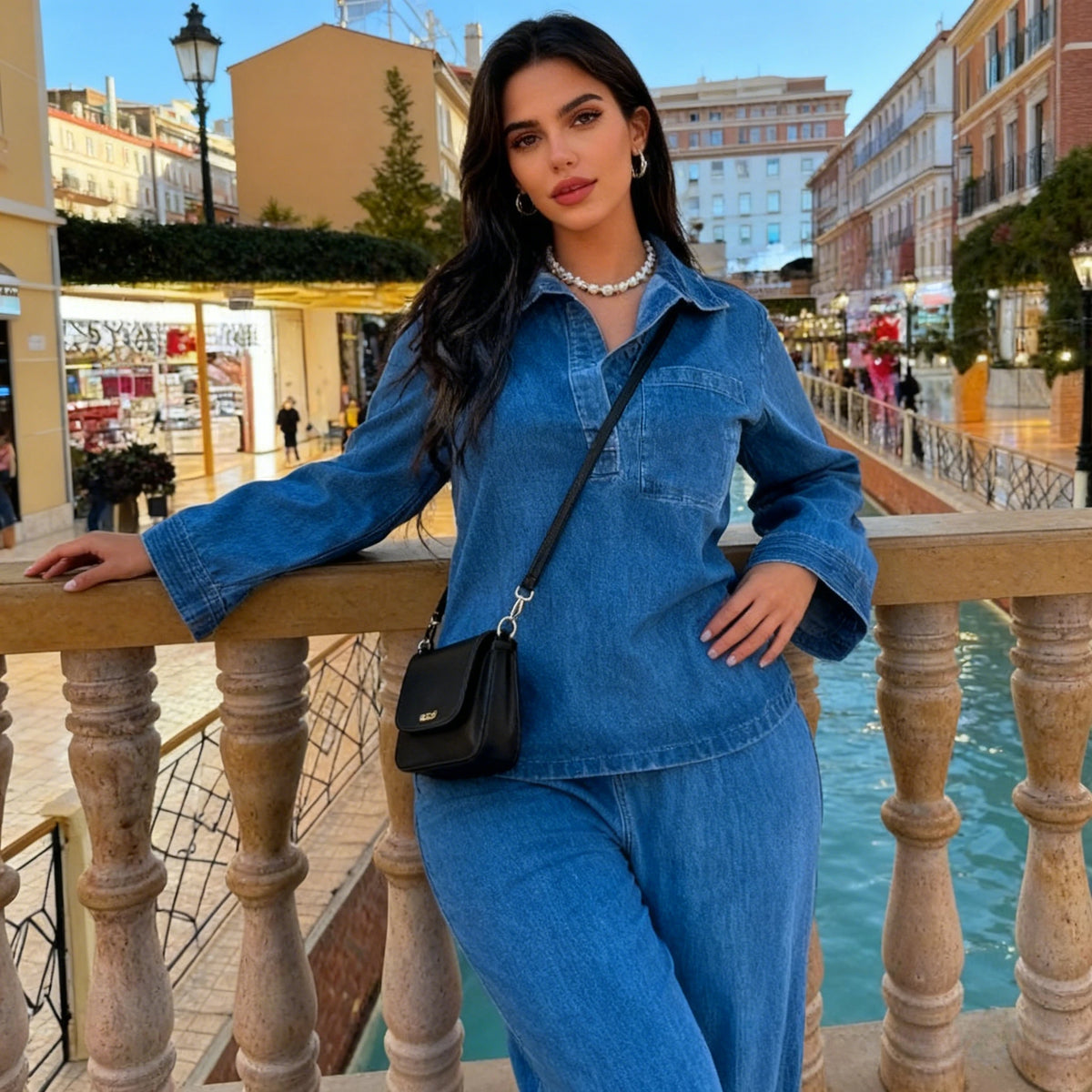 Matching Two Piece Denim Shirt and Wide Leg Pants Set for Women