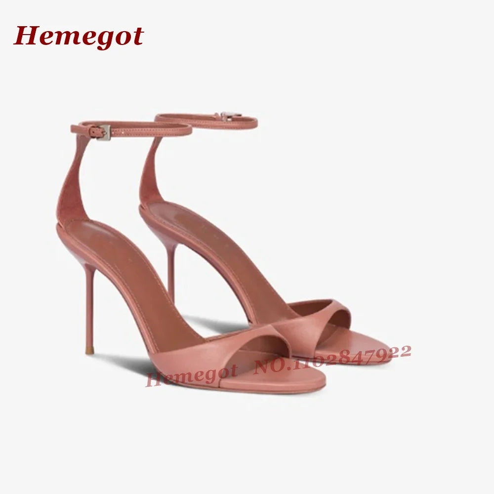 Satin Pink Buckled Ankle Stiletto Sandals with One Strap for Women