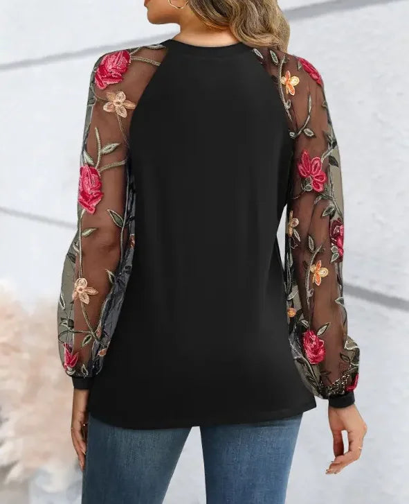 Lace Detail Floral Chiffon Long Sleeve Blouse for Women