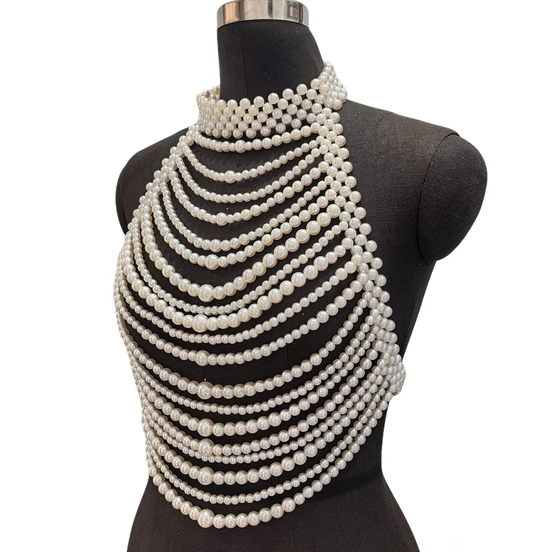 Multilayer White Pearl Bridal Halter Body Chain Jewelry For Women