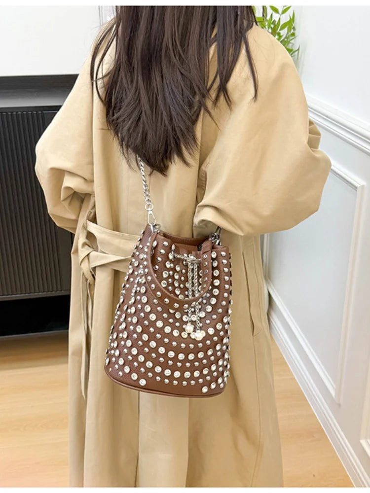 Rivet Bucket Bag With Chain Strap