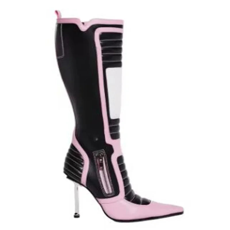 Women Black Pink Patchwork Knee High Boots Pointed Toe Stiletto Heel Zipper Up Fashion Moto Boots Party Clubwear Prom Shoes 44