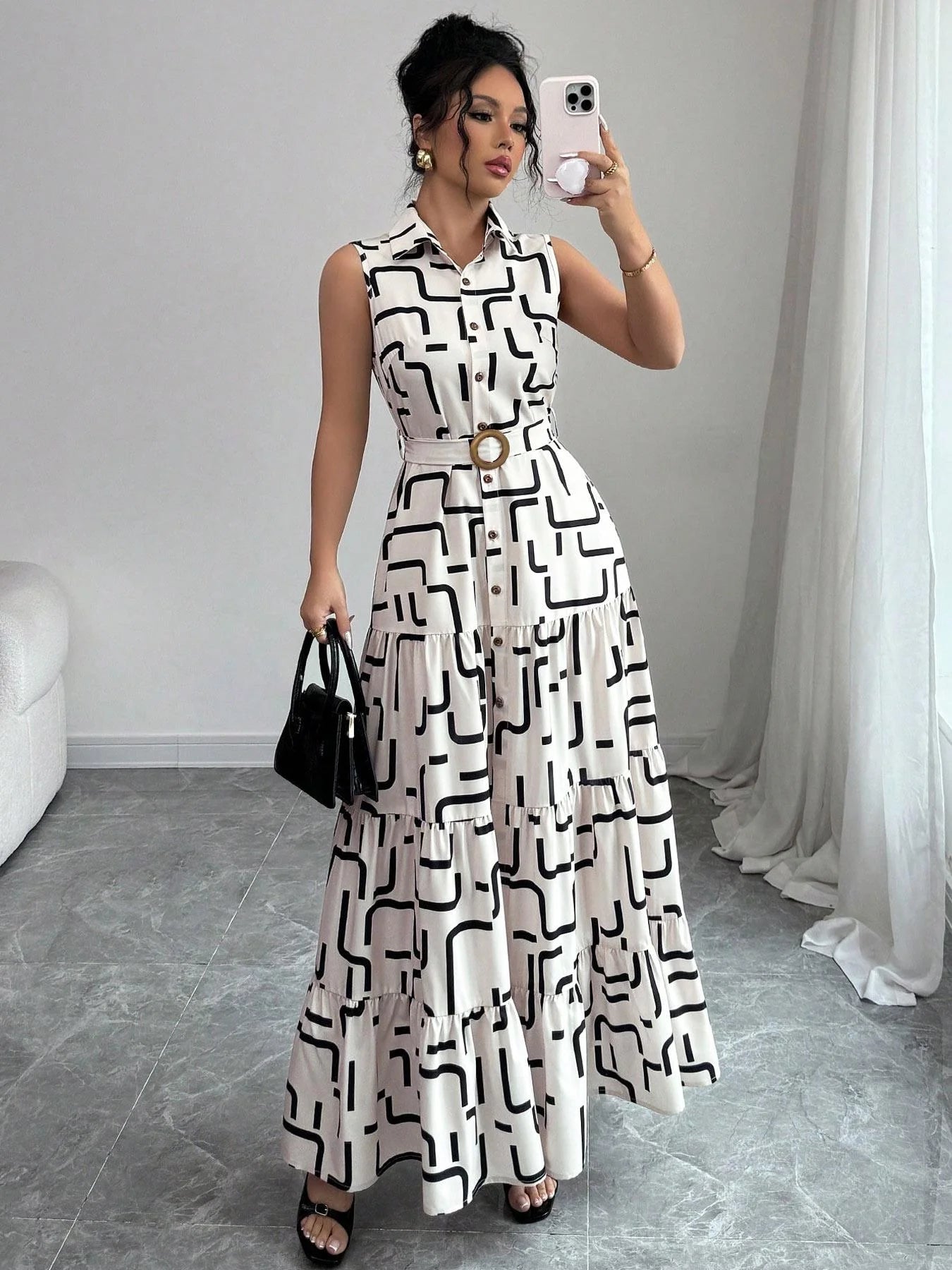 Casual Dress With Lightweight Polyester Fabric V-Neck Midi Length For Spring And Summer Style