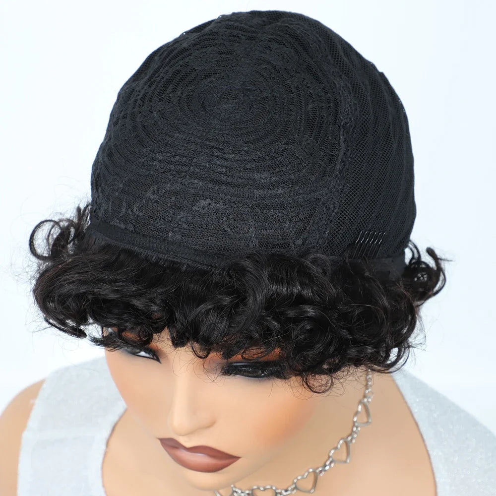 Short Kinky Curly Pixie Bob Human Hair Wig for Women