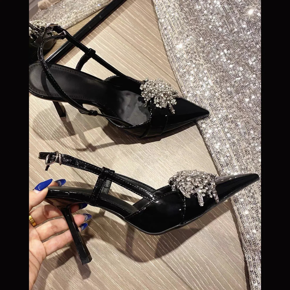 Patent Leather Wedge Sandals with Crystal Bow for Women