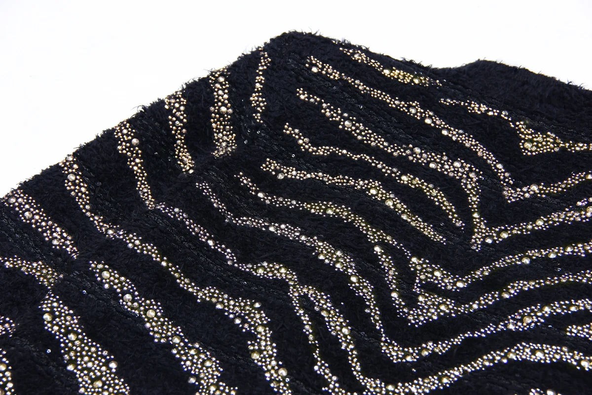 2025 Autumn New Heavy Knitted Hot Diamond Long-sleeved Jacket Sexy Vest + Skirt Set Light Luxury Party Women Three-piece Set