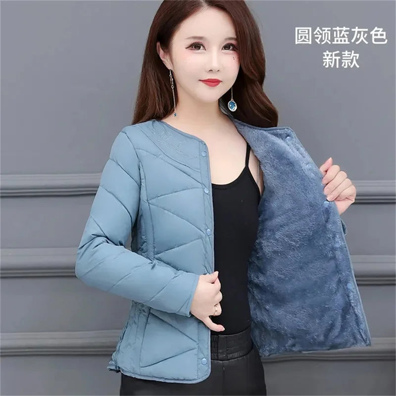 Winter Down Padded Jacket Women's Inner Short Mother's Wear Velvet Thickening Middle-Aged Elderly Mom Wear Pocket Jacket Pink