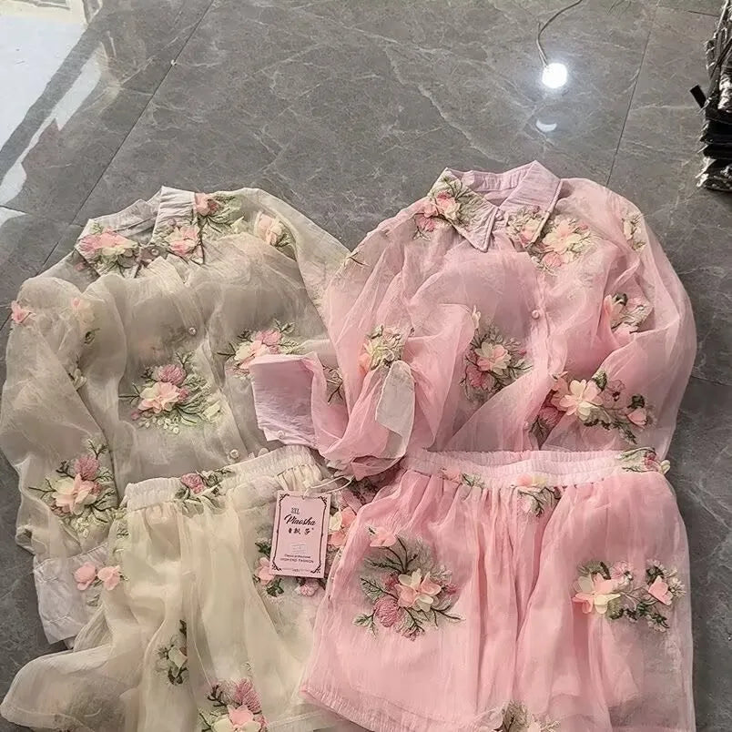Breathable Embroidered Floral Chiffon Two Piece Set for Women