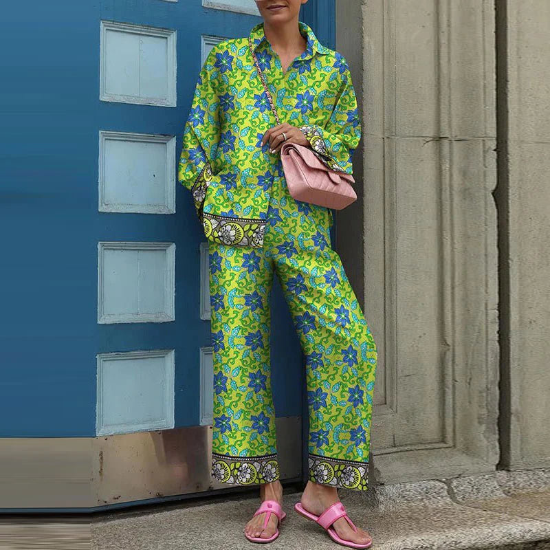 Vintage Printed Two Piece Trouser Suit Set for Women