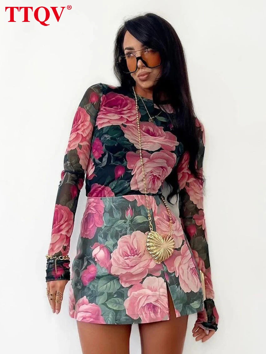 Printed Long Sleeve Shirt and Mini Skirt Two Piece Set for Women