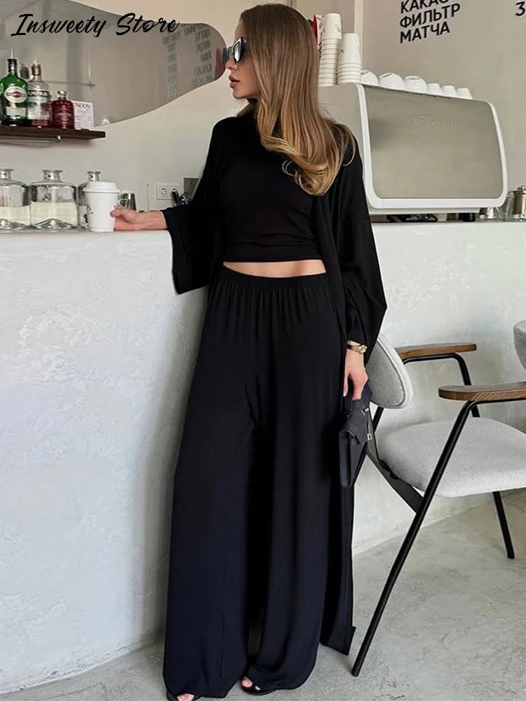 Casual Three Piece Shirt, Coat And Wide Leg Pants Set for Women