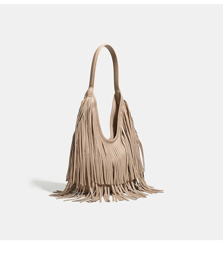 New Women's Shoulder Bag Solid Color Tassel Fashion Women's Shoulder Bag Large Capacity Retro Casual Women's Bag High Quality