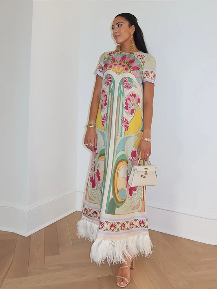Elegant Floral Print Feather Hem Maxi Dress For Women