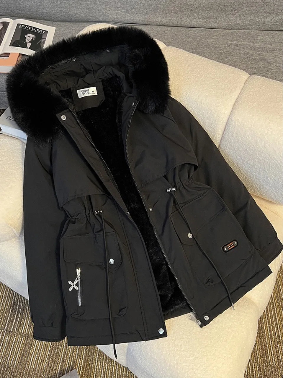 Korean Style Quilted Hooded Coat With Fur Collar For Women