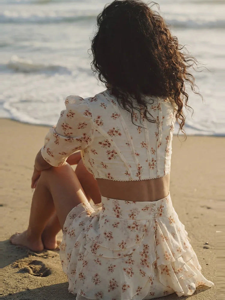 Floral Print Slim Top and Ruffle Skirt Set for Women