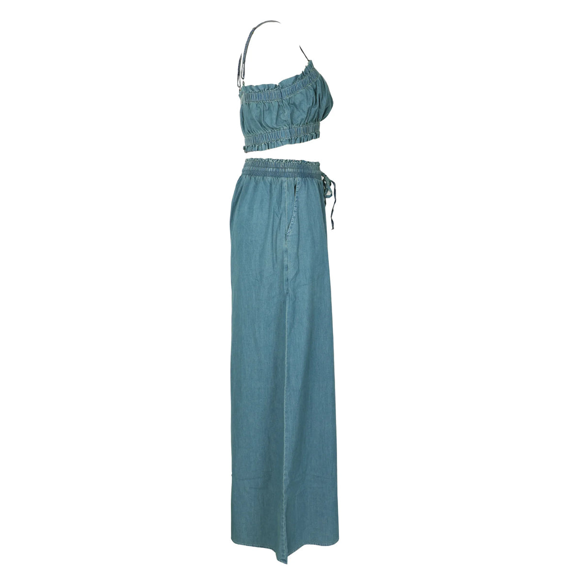 Ruched Spaghetti Strap Denim Two Piece Set for Women