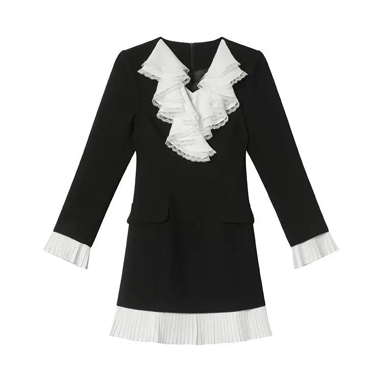 Cascading Ruffle Leaf Edge Collar Midi Dress for Women