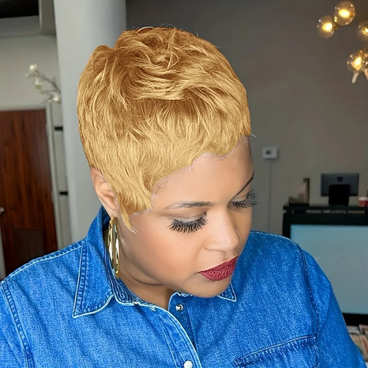 Women's Pixie Cut Wig 6 Inch Brazilian Remy Wavy Human Hair Layered Style Natural Look for full Machine wig