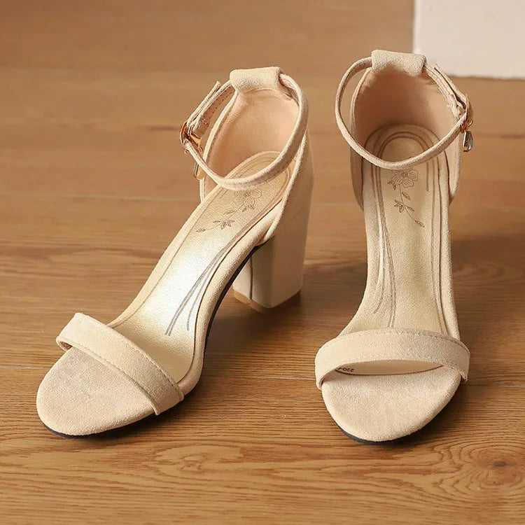 Beige Suede Rhinestone Block Heel Sandals
