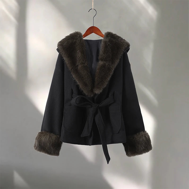Warm Faux Fur Hooded Winter Coat With Pockets for Women