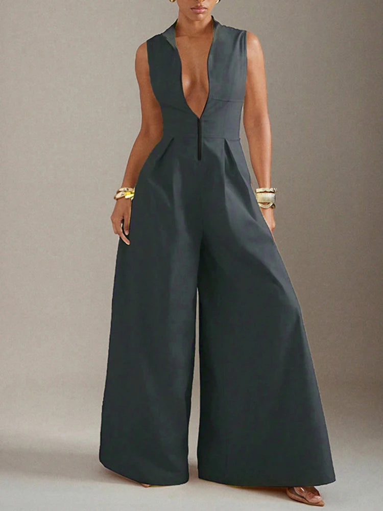Women's Minimalist Stand Collar Zip Up High Waisted Wide Leg Jumpsuit 2026 New Sleeveless Solid Color Pleated Casual Romper