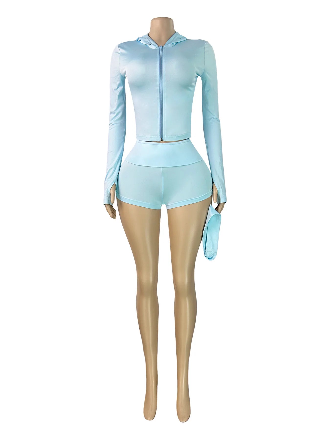 Casual Three Piece Hooded Crop Top and Shorts Set for Women