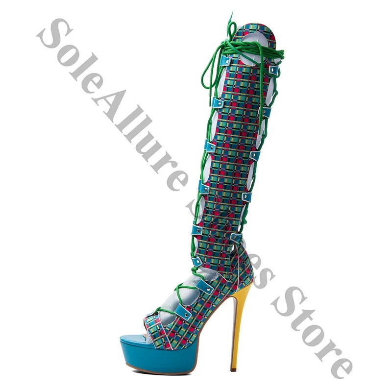 Colorful Plaid Peep Toe Knee High Lace Up Boots for Women