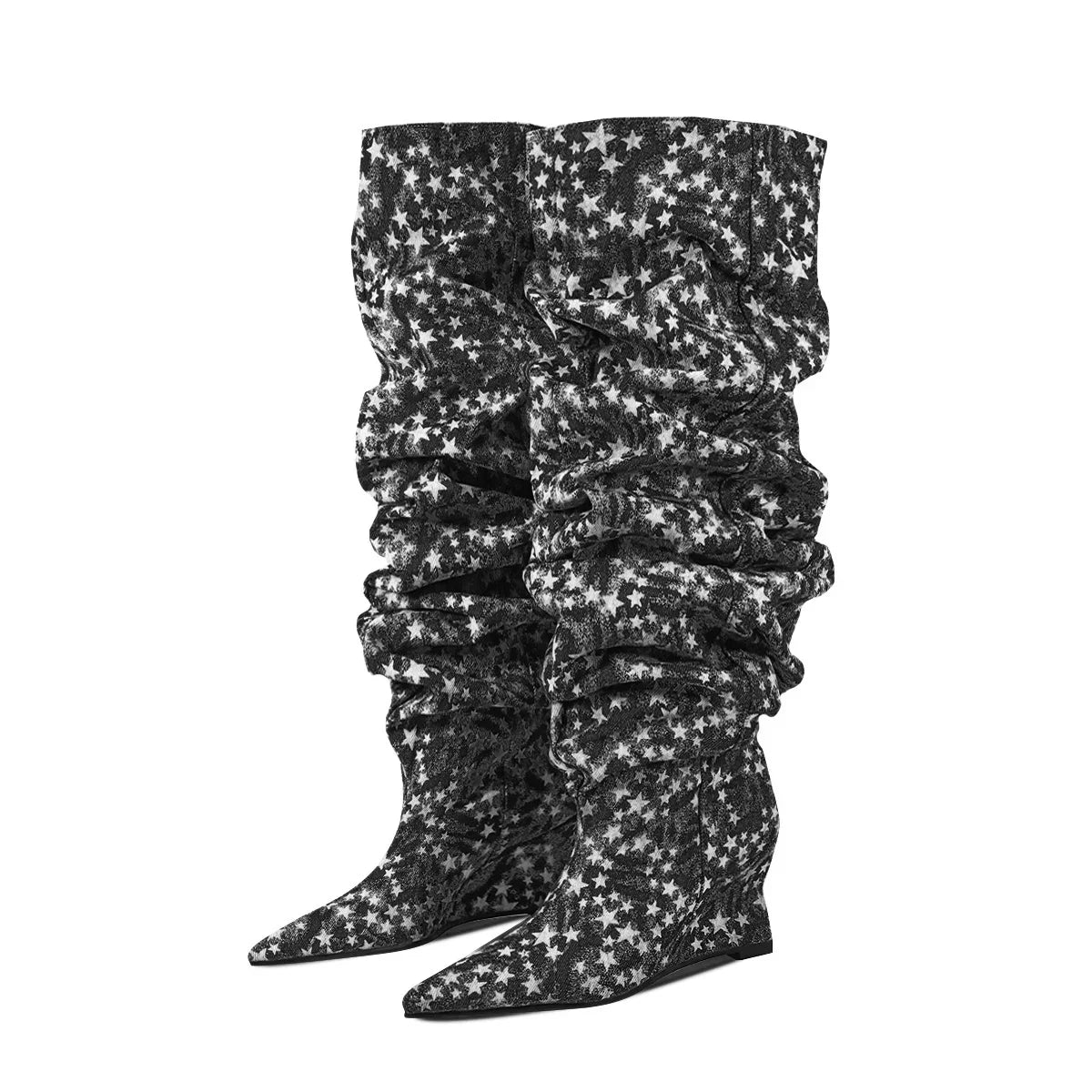Pointed Toe Denim Over-The-Knee With Wedge Boots for Women
