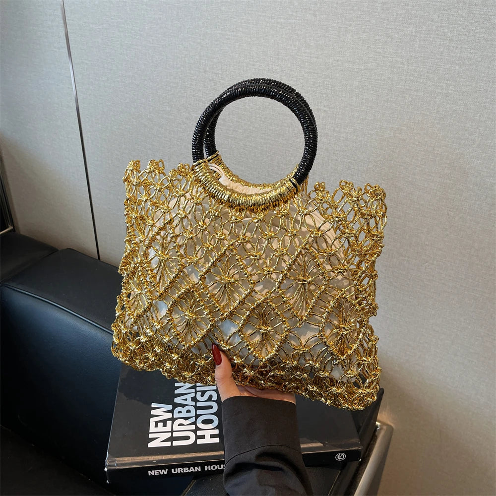 Eco Friendly Woven Round Handle Hollow Out Craft Paper Handbag for Women