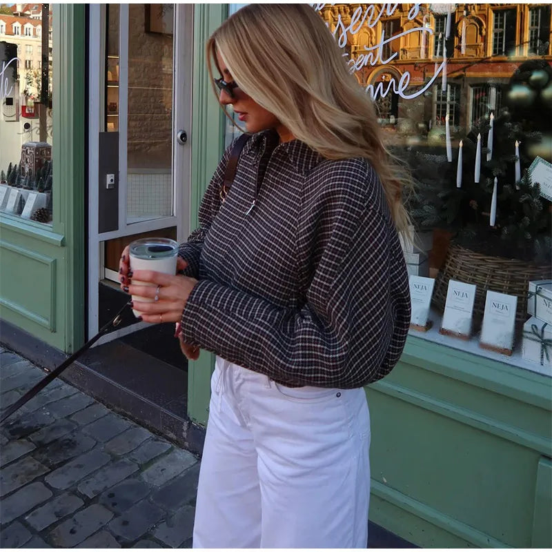 Vintage Plaid Women 's Jacket Elegant Lapel Patchwork Full Sleeve Zipper Cropped Jackets Lady 2026 Woman Spring Coats Outwears