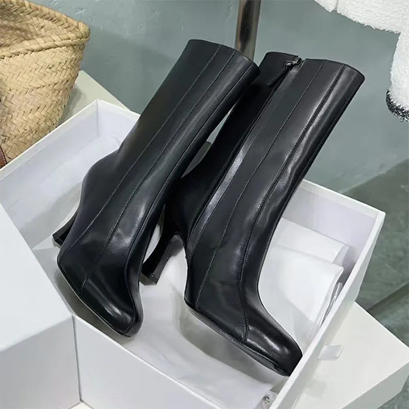 Genuine Leather High Heel Round Toe Mid Calf Boots for Women