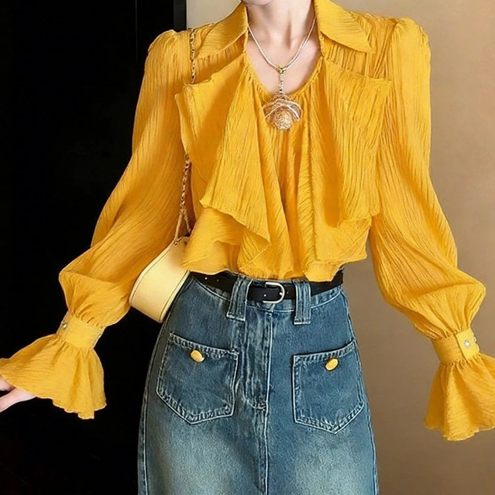 French Niche Ruffle Detail Loose Fit Shirt in Yellow for Women