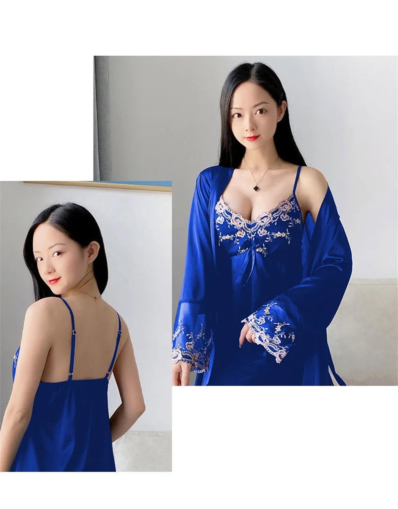 Comfortable Relaxed Fit Lace Up Two Piece Robe Set For Women