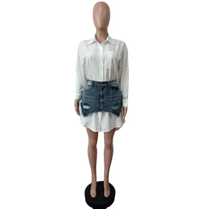 Denim Skirt Set Women Streetwear Fashion Long Sleeve Shirt Turn Down Collar Asymmetric Dress Casual Slim Dresses 2025 Spring