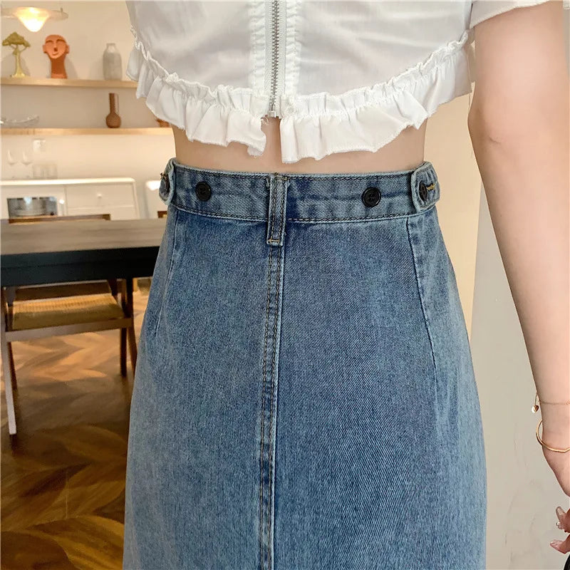 New 2022 Spring-Autumn Medium-Length Denim Skirt For Women High-Waisted Slimming Plus Size Curvy Girls A- Line Hip Covering Skir