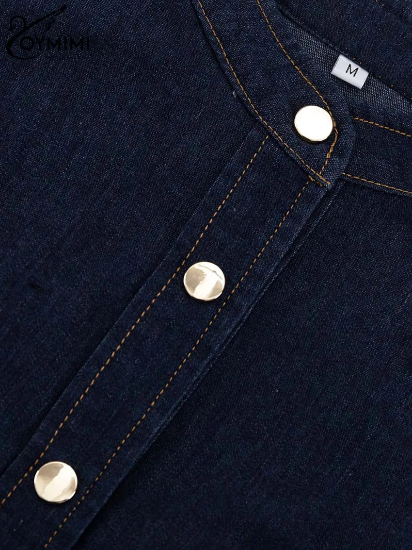 Oymimi Elegant Blue Denim Womens Dresses Fashion O-Neck Long Sleeve High Waisted Dresses Casual Button Mini Dress Streetwear