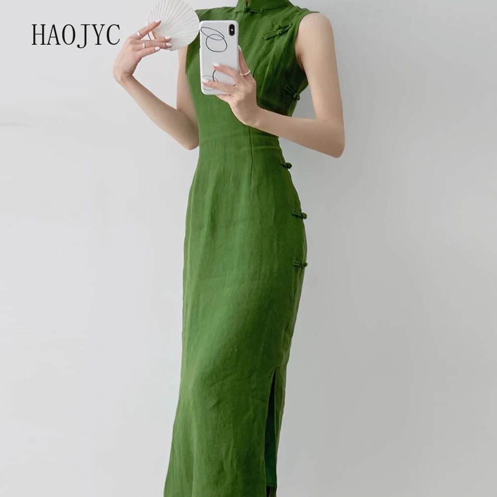 Moss Green Retro Chinese Style Cheongsam Dress for Women
