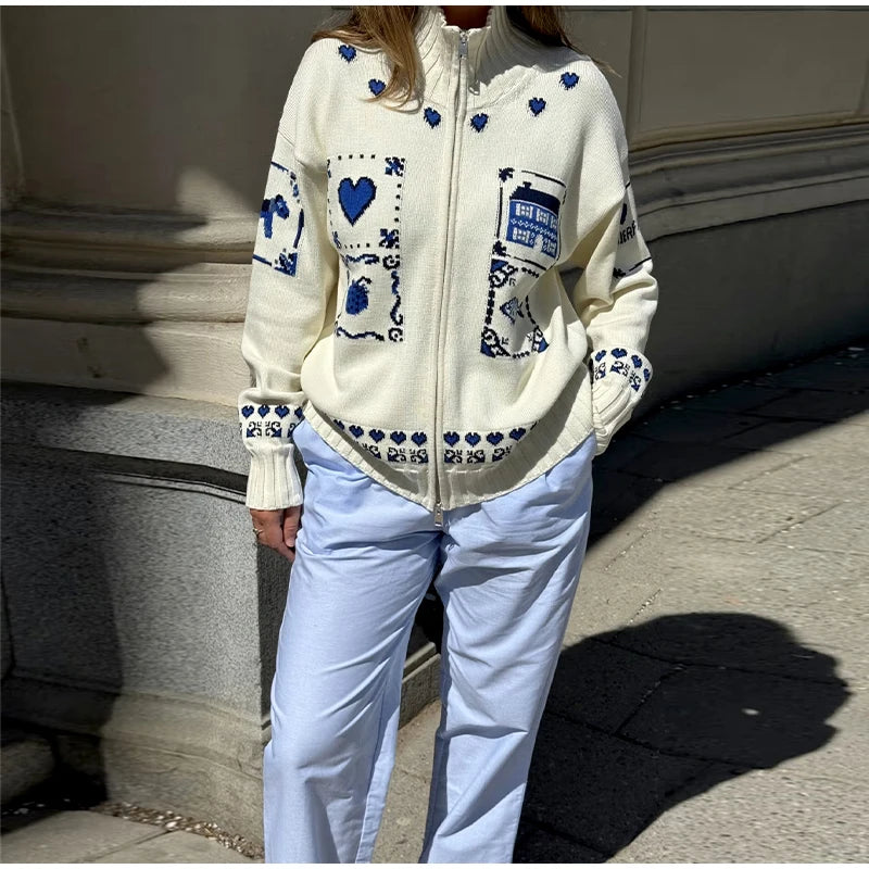 Blue Jacquard Stand Collar Zipper Cardigan for Women