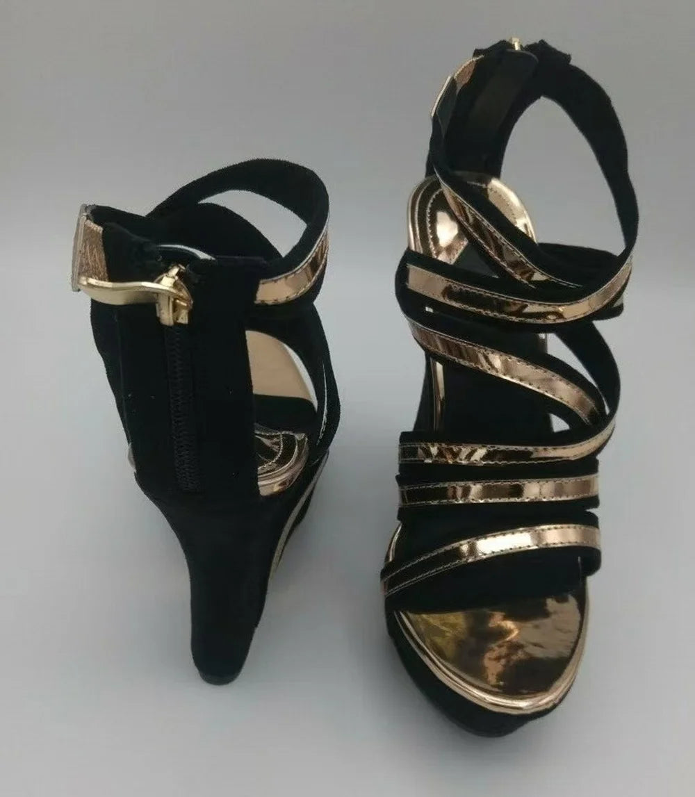 Black Suede Rose Gold Wedge Sandals