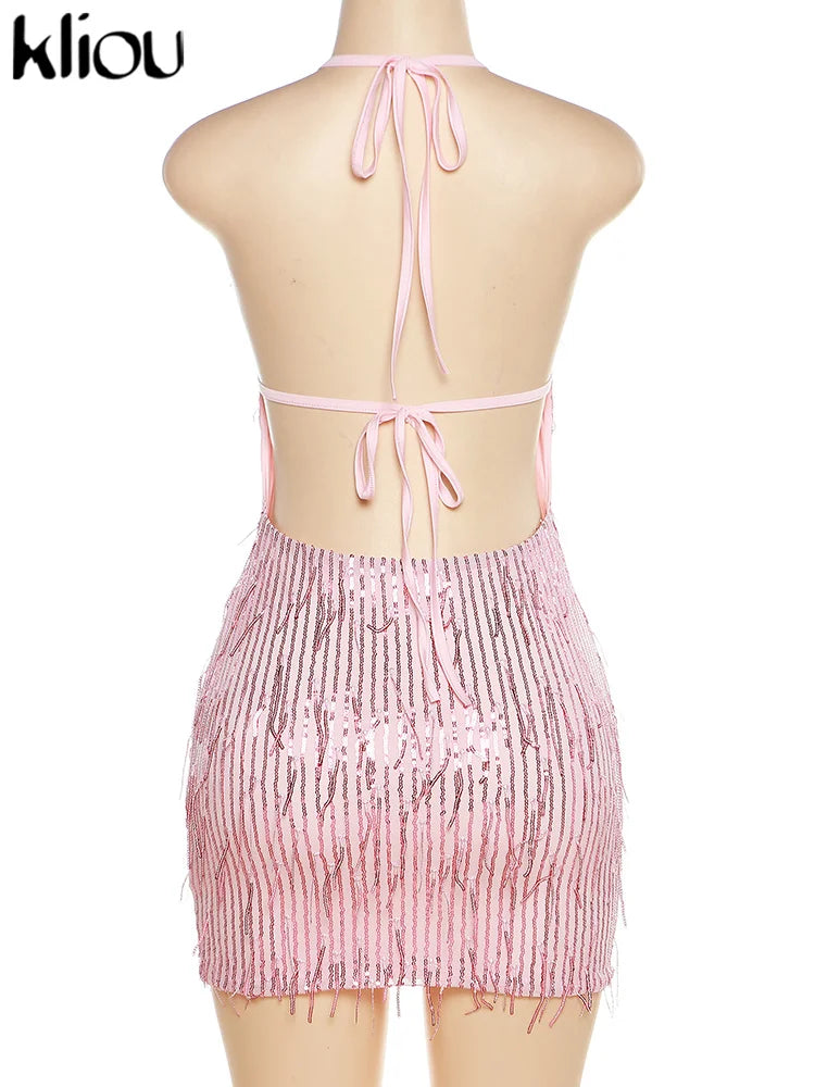 Shiny Tassel Halter Backless Mini Party Dress for Women
