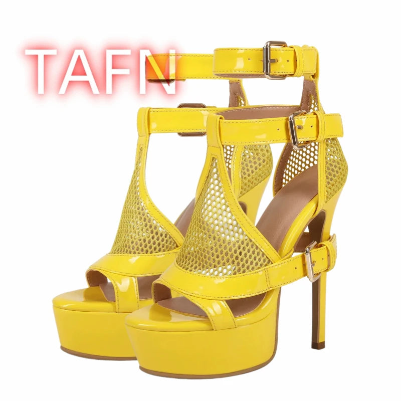 Mesh Buckle Strap Stiletto Platform Sandals for Women