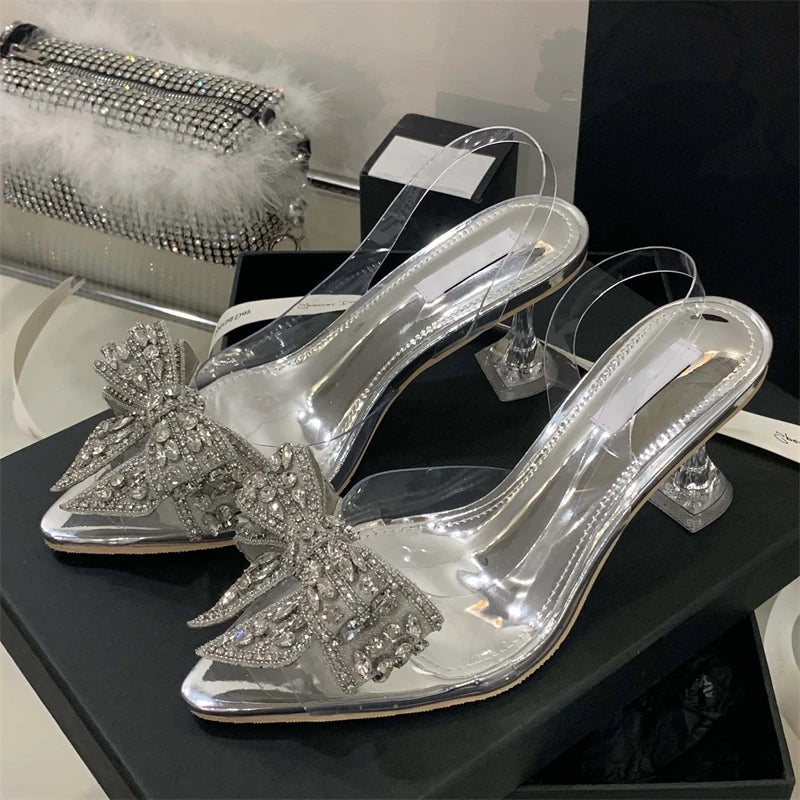 Glam Crystal Bow Pointed Toe Slingback Pumps for Women