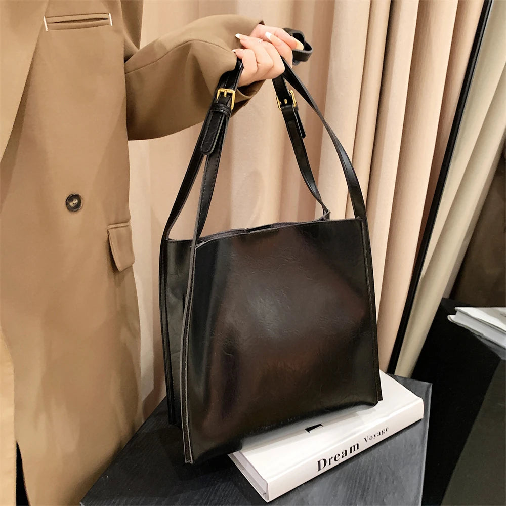 Genuine Shiny Leather Large Capacity Tote Bag for Women