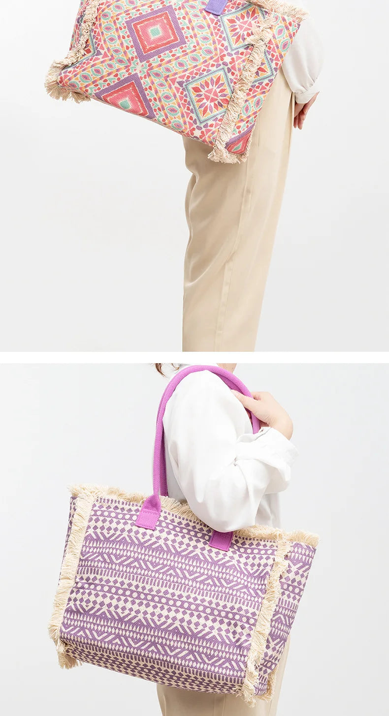 Tote bag Bohemian retro shoulder bag Zipper handbag Large capacity canvas bag Women's summer