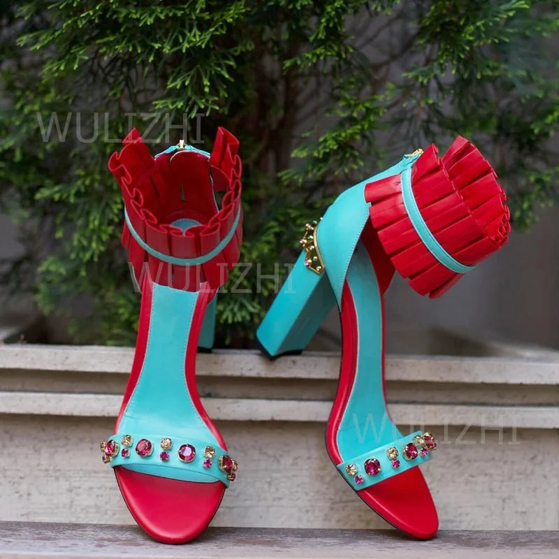 Red Tassel Patchwork Diamond Buckle Sandal for Women