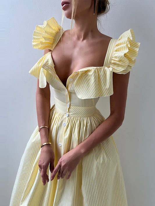 Solid Striped Fly Sleeve Women 's Dress Solid V-neck Single Breasted Draped Front Split Dressess Female Summer Lady Party Robes