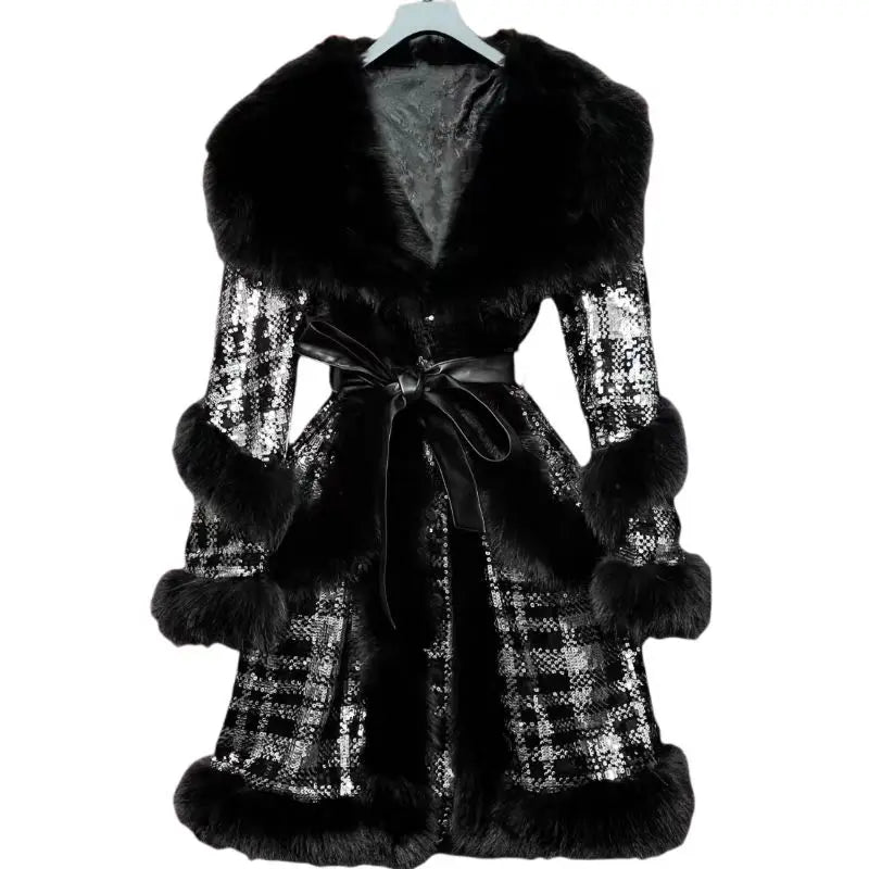 Faux Fur Coats for Women,Adjustable Waist Jacket,Female Clothes,Luxury,Spliced,Sequins,Turn-down Collar,New, Winter, 2025