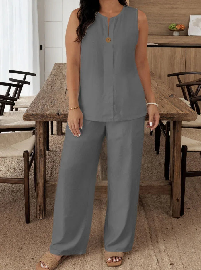 Vintage Button Tank Top and Elastic Waist Pants Set for Women
