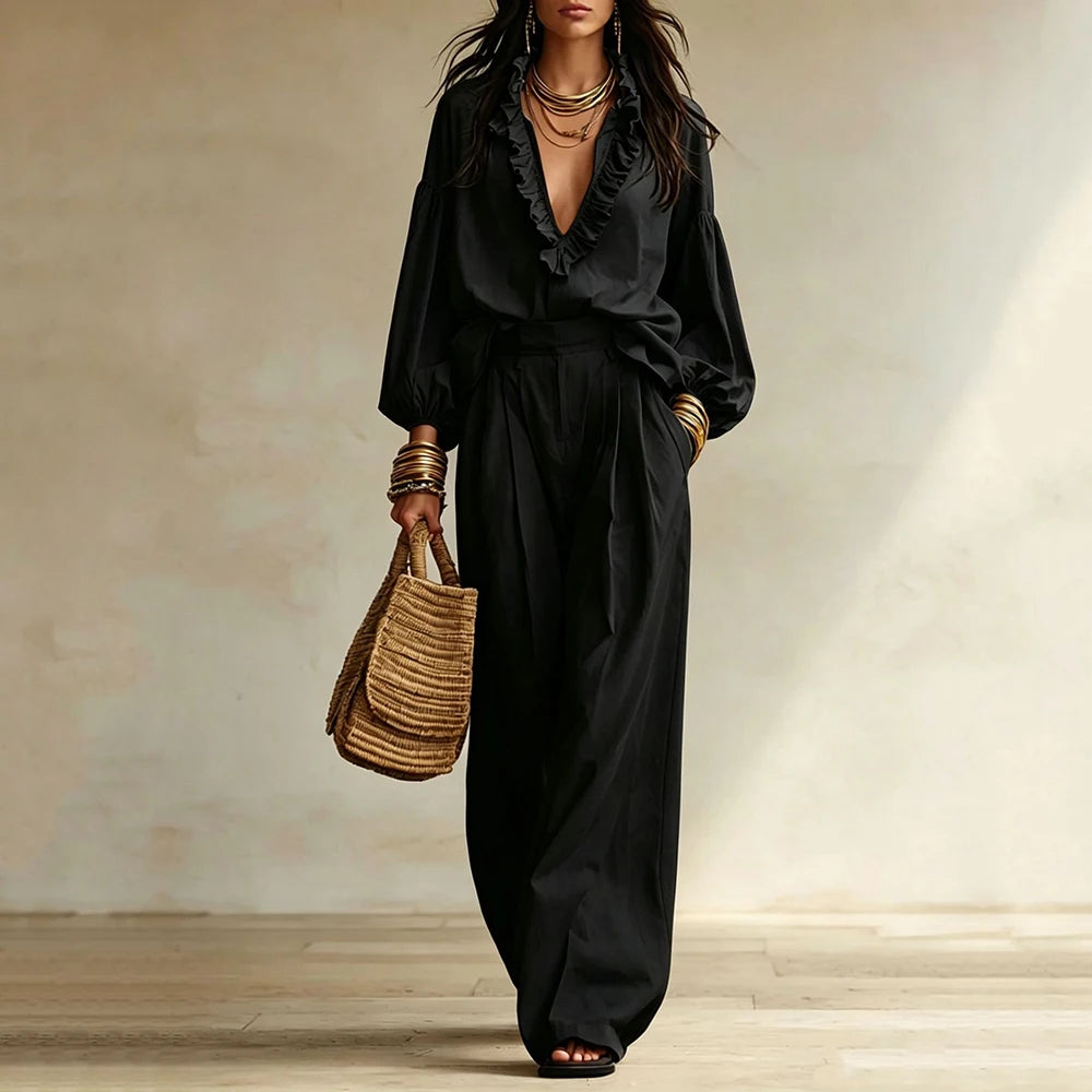 Vintage Ruffle V Neck Pleated Wide Leg Pants Set for Women